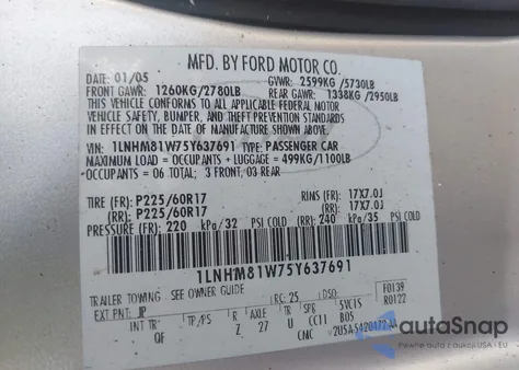 2005 Lincoln Town Car Signature z USA, uszkodzony, nr VIN 1LNHM81W75Y637691